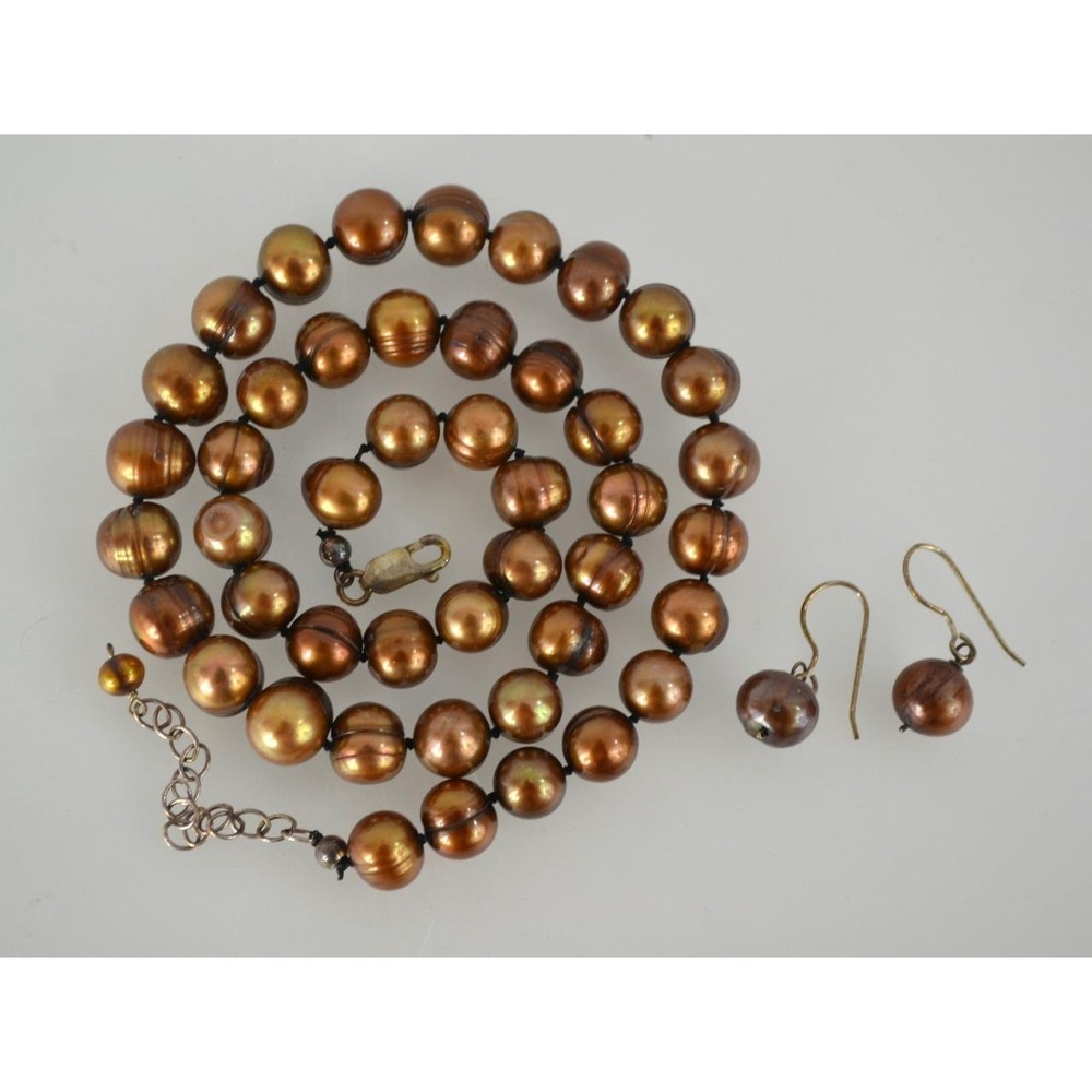 Chocolate pearl necklace earrings Tahitian sterling silver in velvet box South?